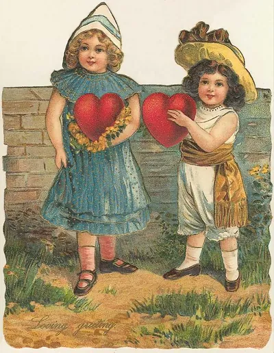 Two children holding red hearts, Loving greeting card