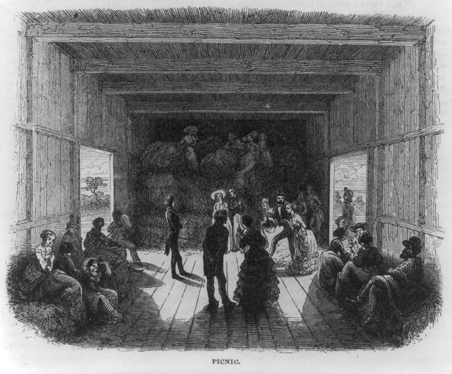 [Gold mining in Gold Hill, N.C.: Picnic" men and women dancing in barn]" — antique engraving