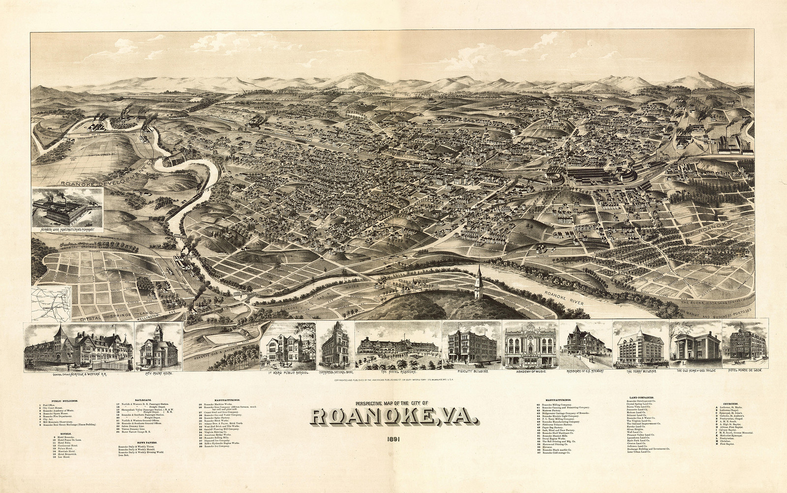 VA Roanoke 1891 MAP, 1891 — antique map