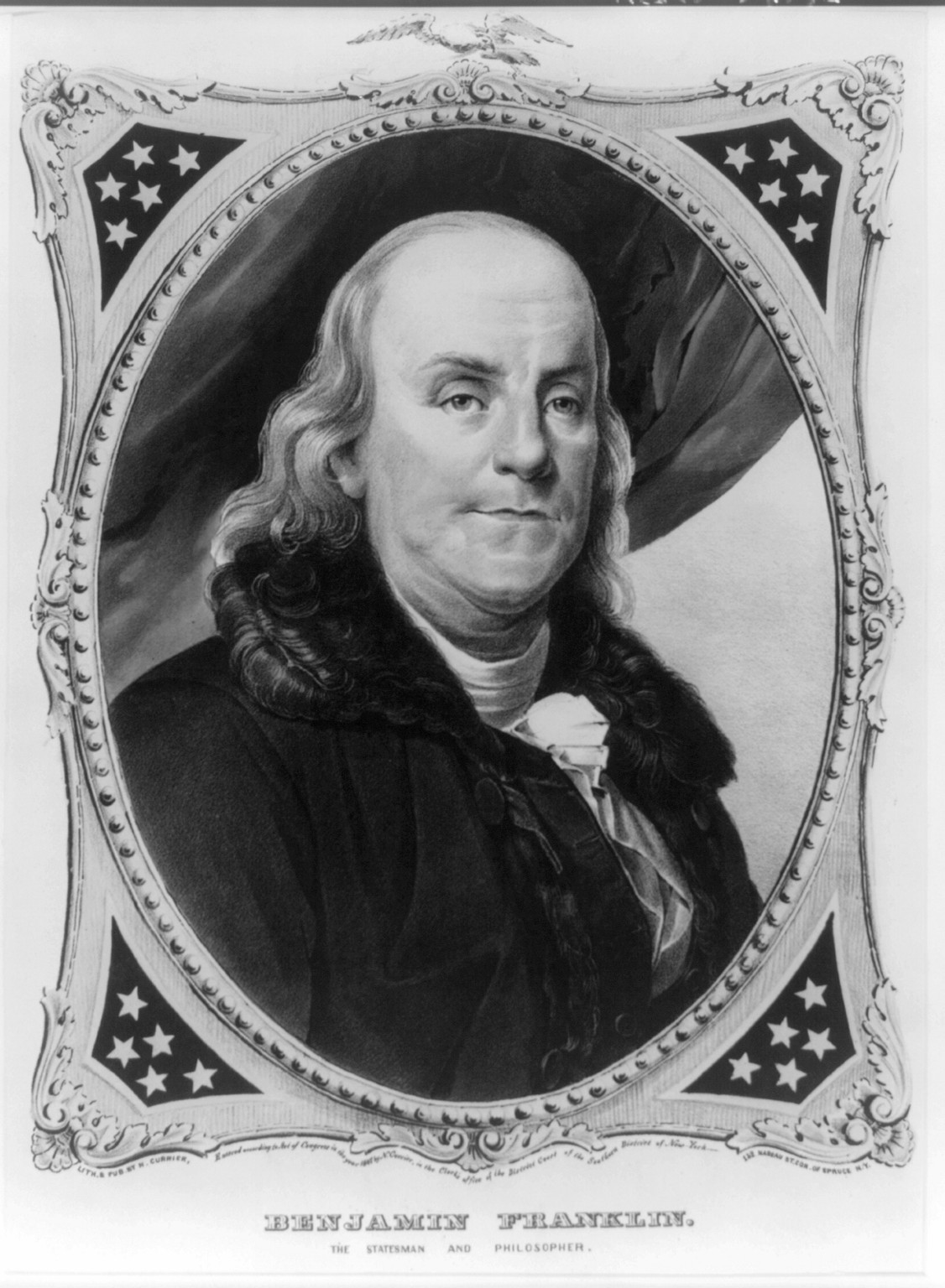 Benjamin Franklin: The statesman and philosopher, [New York] : N. Currier, 1847. — antique lithograph