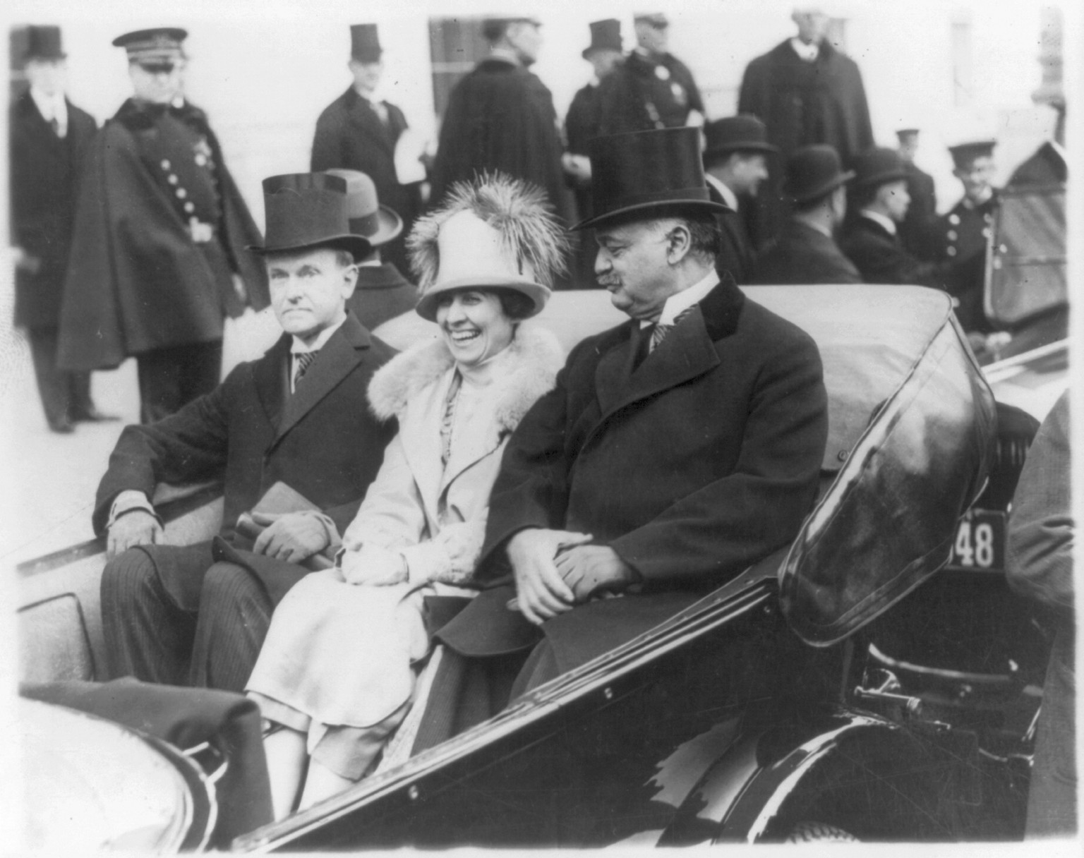 [Washington, D.C. - inauguration of Calvin Coolidge - Coolidges and Sen. Curtis in open carriage on way to Capitol], [1925 March 4] — historic photograph