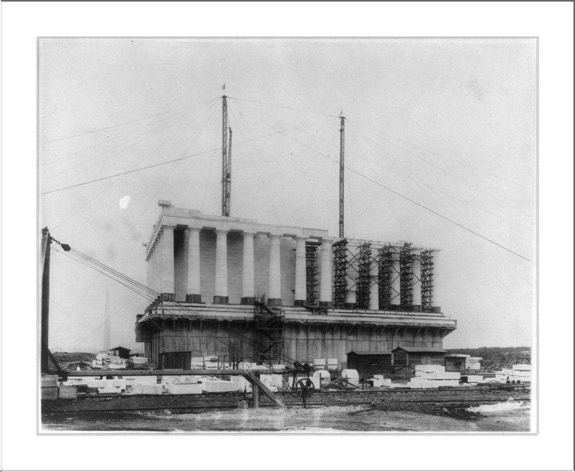 Lincoln Memorial under construction, exterior with scaffolding and cranes — historic image