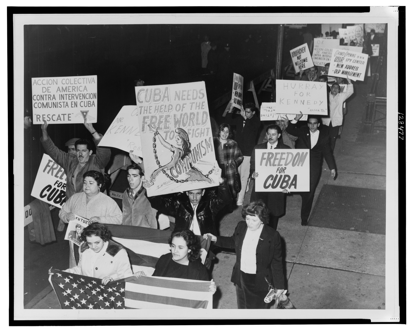[Group of Cuban and Hungarian demonstrators near the Soviet Embassy in New York City carrying placards during the Cuban missile crisis] — historic photograph