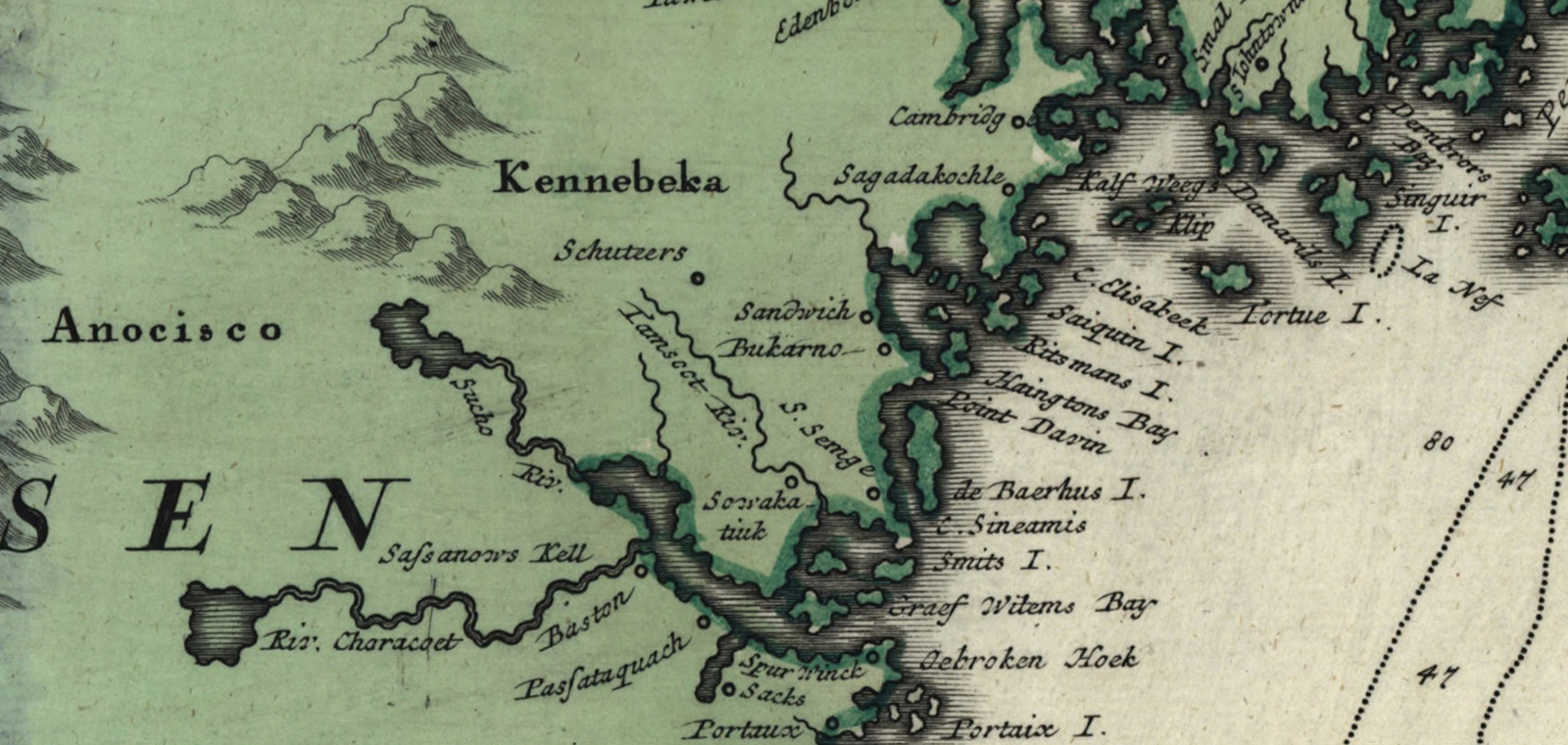 Historic map of the New England coast with place names — antique map