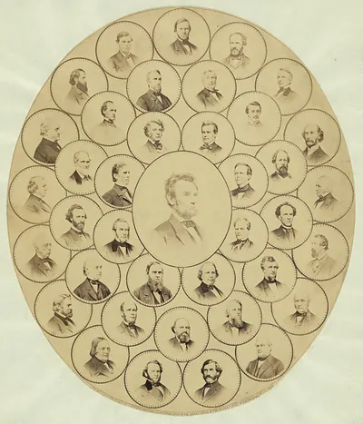 Oval composite of many men around a central portrait