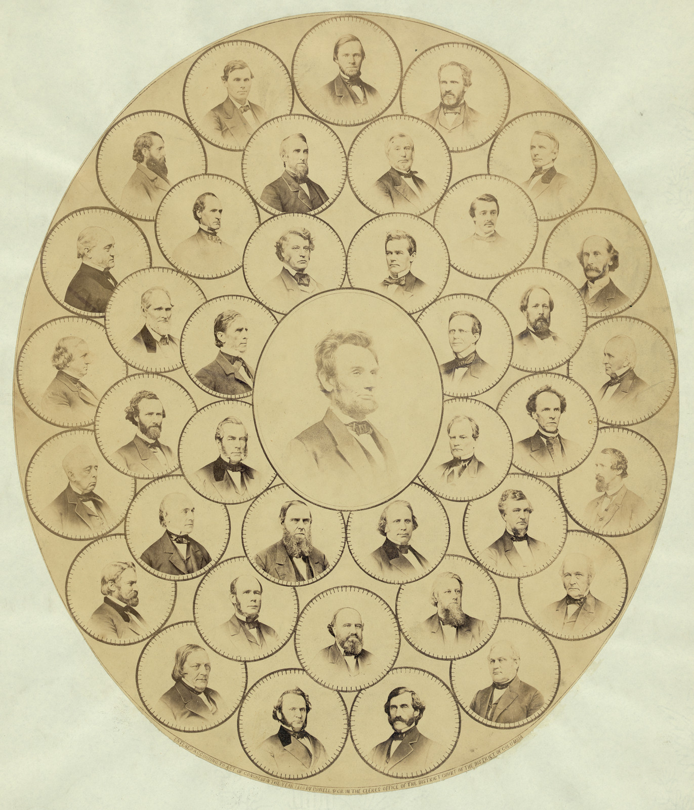 Oval composite of many men around a central portrait — historic image
