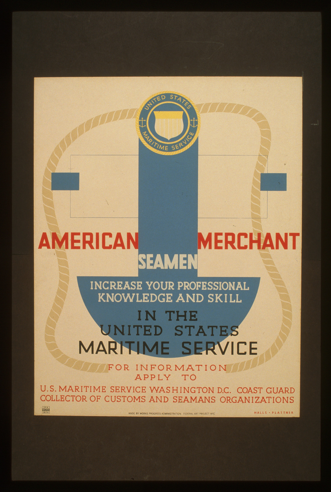 American Merchant Seamen increase your professional knowledge and skill in the United, 1936 — vintage poster