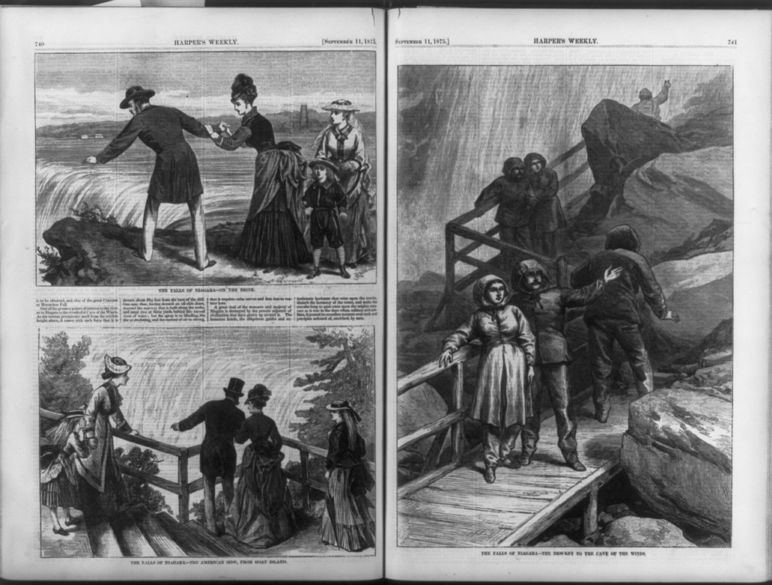 The Falls of Niagara - On the Brink/The American Shoe, from Goat Island/The descent to the Cave of the Winds, 1875 — antique engraving