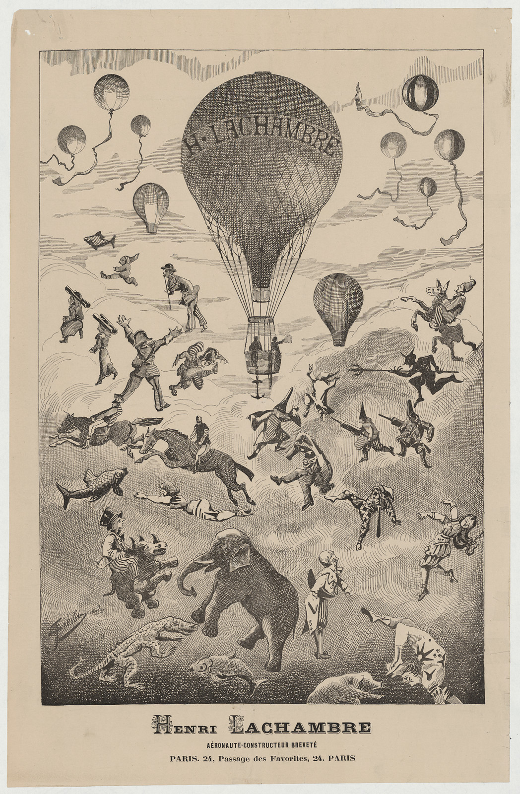 Henri Lachambre aeronaut-constructeur advertisement with balloons and animals — historic image