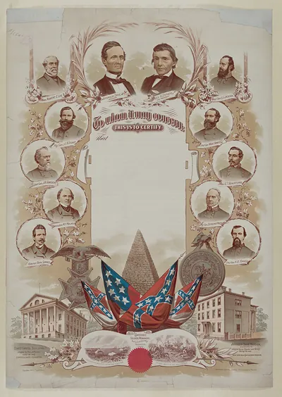 Confederate certificate with portraits of Confederate leaders