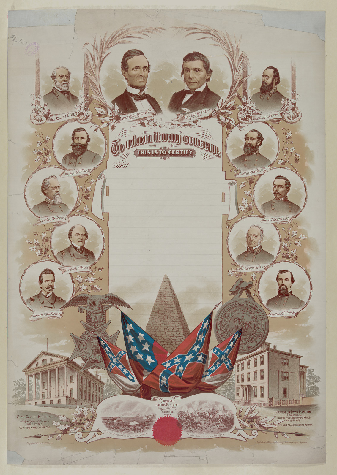 Confederate certificate with portraits of Confederate leaders — historic image