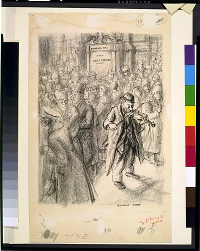 [Elderly man in ragged clothes playing violin amid well dressed crowd in front of Carnegie Hall marquee advertising Fritz Kreisler, violinist] / Reginald Marsh.