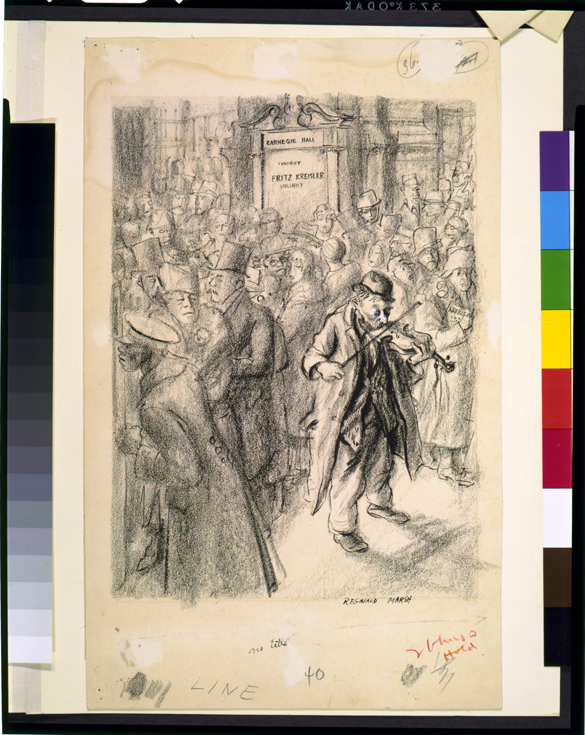 [Elderly man in ragged clothes playing violin amid well dressed crowd in front of Carnegie Hall marquee advertising Fritz Kreisler, violinist] / Reginald Marsh. — historic drawing