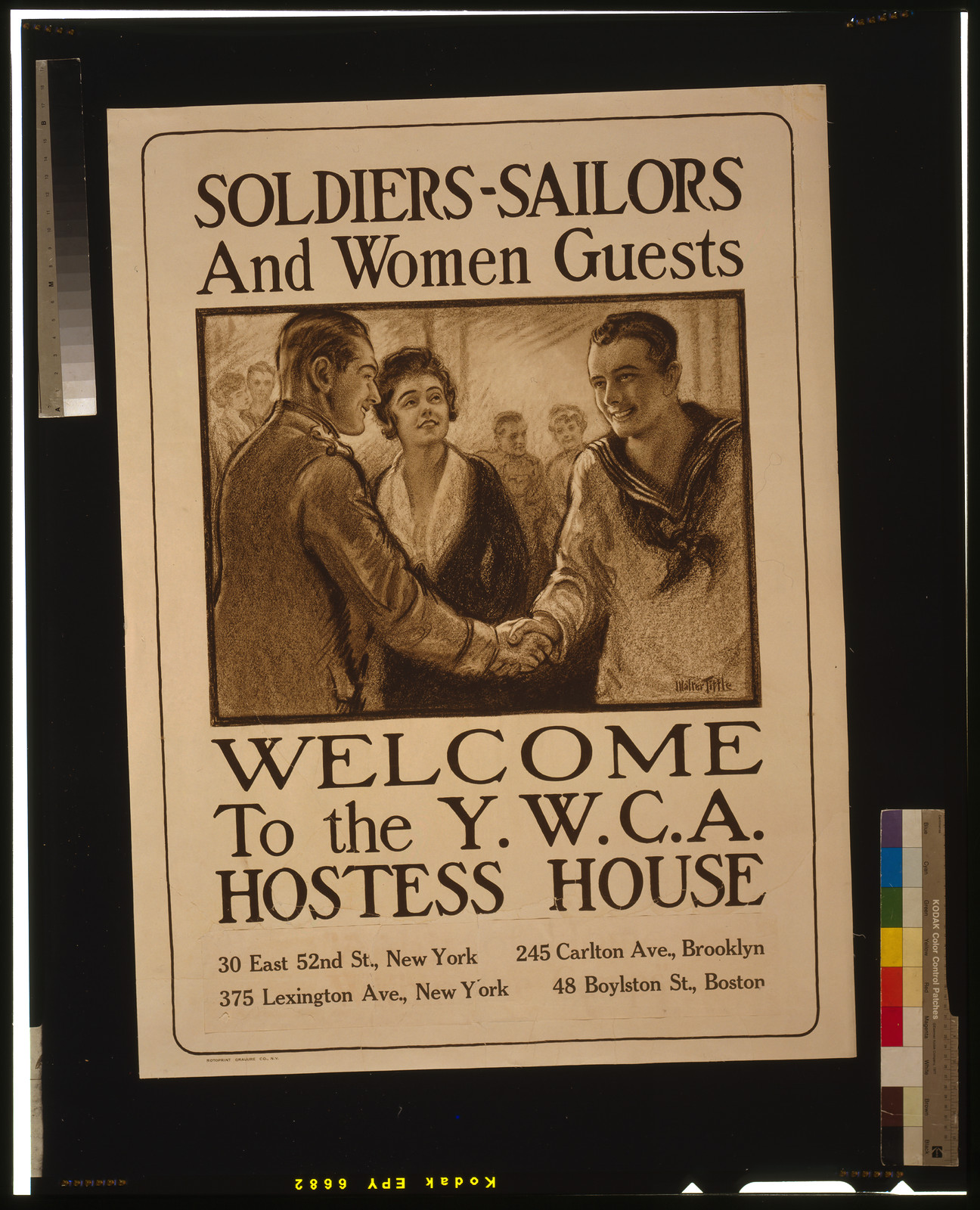 Soldiers-sailors and women guests - Welcome to the Y.W.C.A. hostess house / Walter Tittle., 1917 — vintage poster