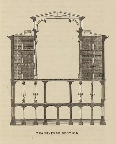 Transverse section of a library building with bookshelves