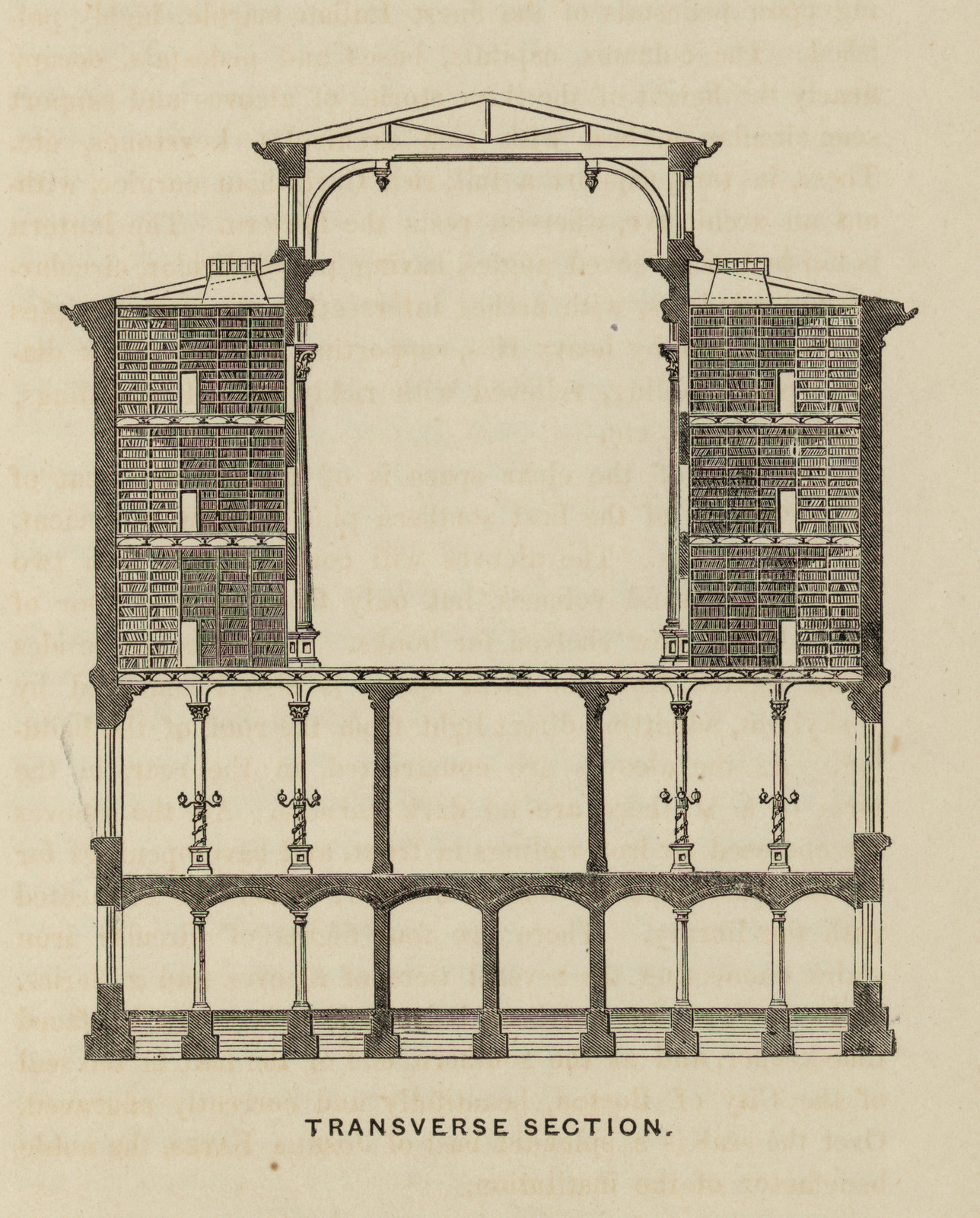 Transverse section of a library building with bookshelves — historic image