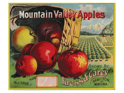 Mountain Valley Apples crate label, grown by Kress & Carey
