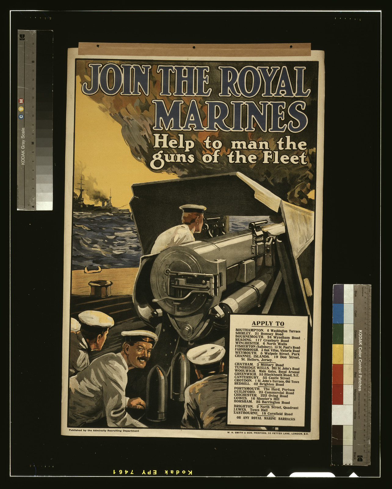Join the Royal Marines. Help to man the guns of the fleet / W.H. Smith & Son, Printers, 55 Fetter Lane, London, E.C., [S.l.] : Admiralty Recruiting Department, [1915] — vintage poster