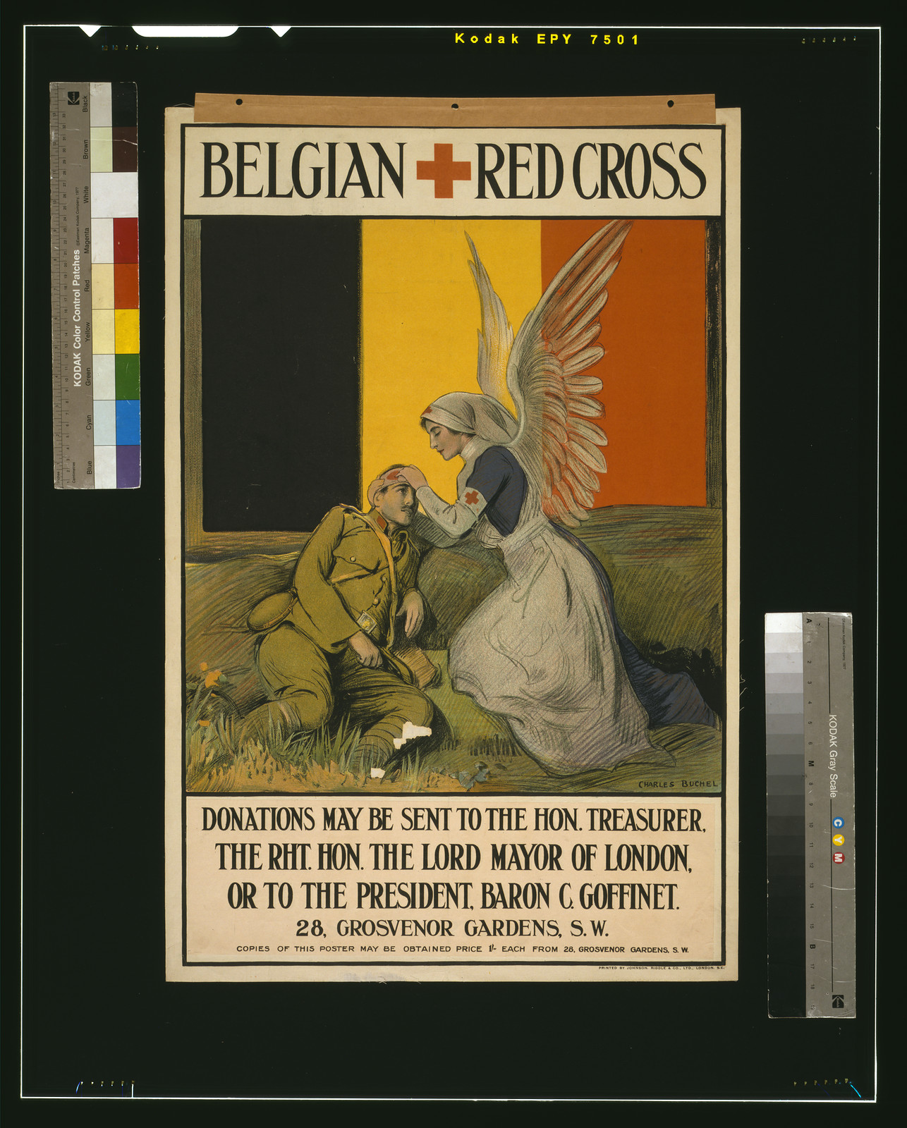Belgian Red Cross / Charles Buchel printed by Johnson Riddle Co. Ltd. London S.E., 1915 — vintage poster