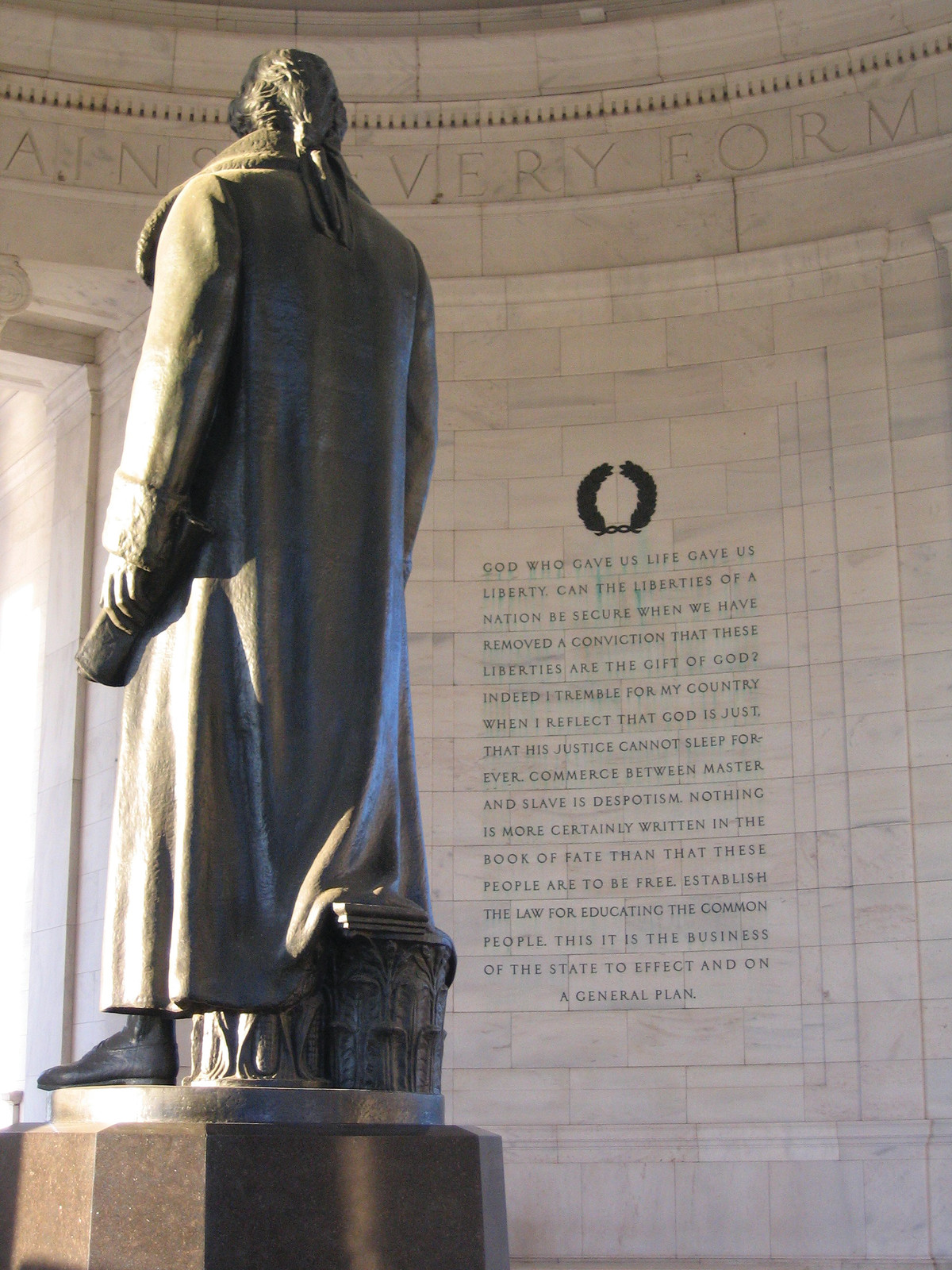 Back of Jefferson statue inside Jefferson Memorial with quotation — historic image