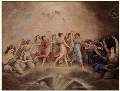 Dancing women and cherubs among clouds, painted scene