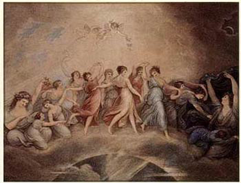Dancing women and cherubs among clouds, painted scene — historic image