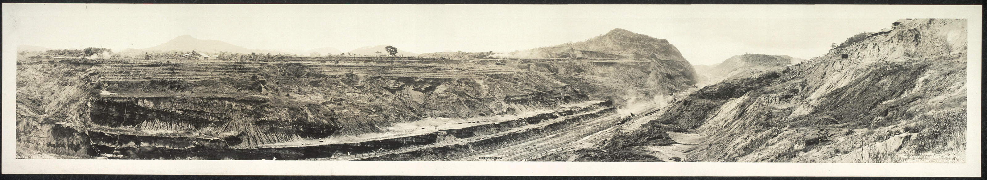 Panoramic photograph of a terraced excavation cut — historic photograph