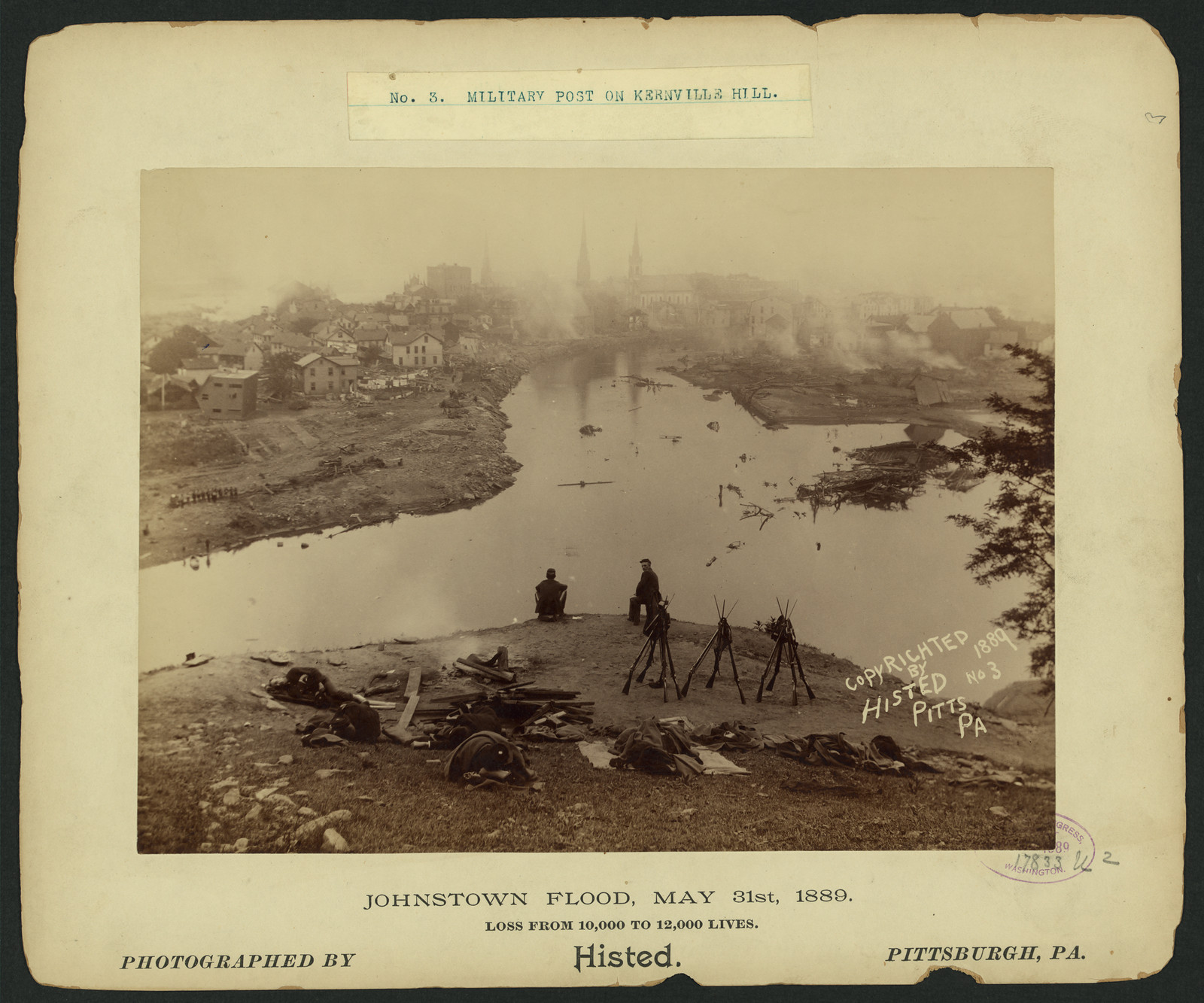 Military post on Kernville Hill, Johnstown Flood, May 31st, 1889, c1889. — historic photograph