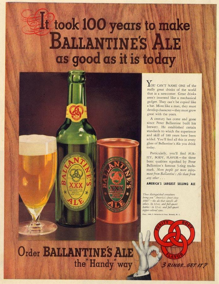 Ballantine's Ale magazine advertisement with bottle and glass — historic image