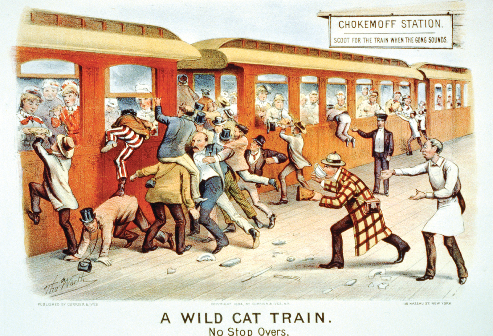 A wild cat train: no stop overs / Tho. Worth., New York: published by Currier & Ives, c1884. — antique lithograph