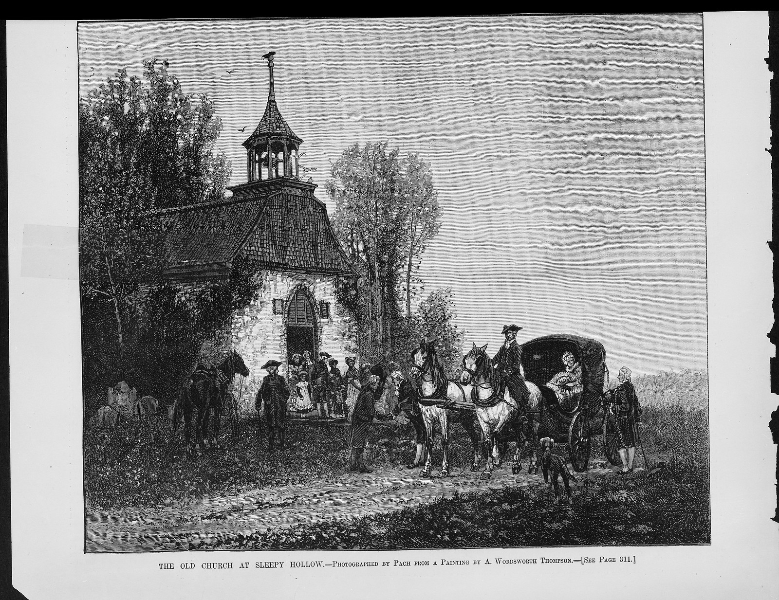 The Old Church at Sleepy Hollow, 1882 — antique engraving