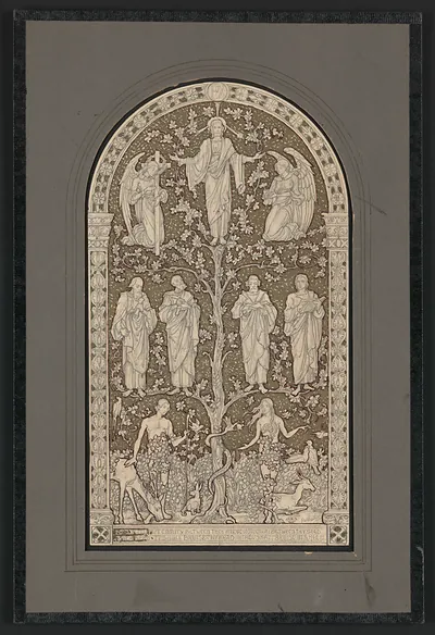Design drawing for arched panel with tree, angels and figures