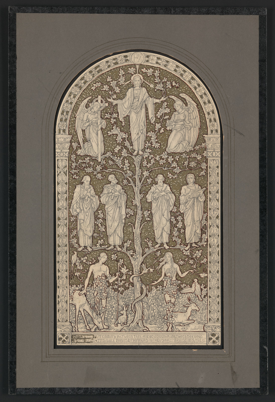 Design drawing for arched panel with tree, angels and figures — historic drawing