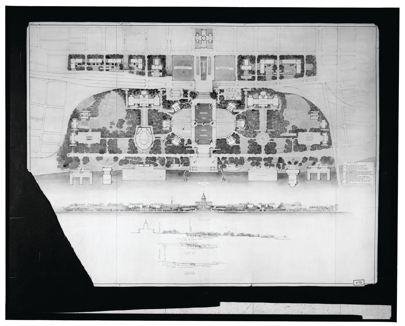 [Memorial for the Jefferson National-Expansion Memorial Association, St. Louis, Missouri. Site plan and elevation, highway/tunnel section], and Engineering (ADE) Drawings" (http://www.loc.gov/rr/print/res/103_ade.html)." — historic drawing