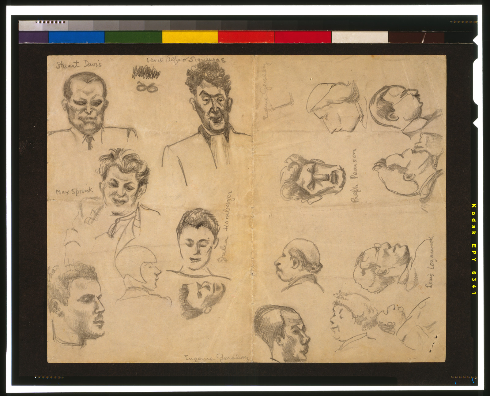 [Bust portraits of Stuart Davis, Max Spivak, Julia Homburger, Ralph Pearson, David Alfaro Siqueiros, and Louis Lozowick at the American Artists Congress], [1936] — historic drawing