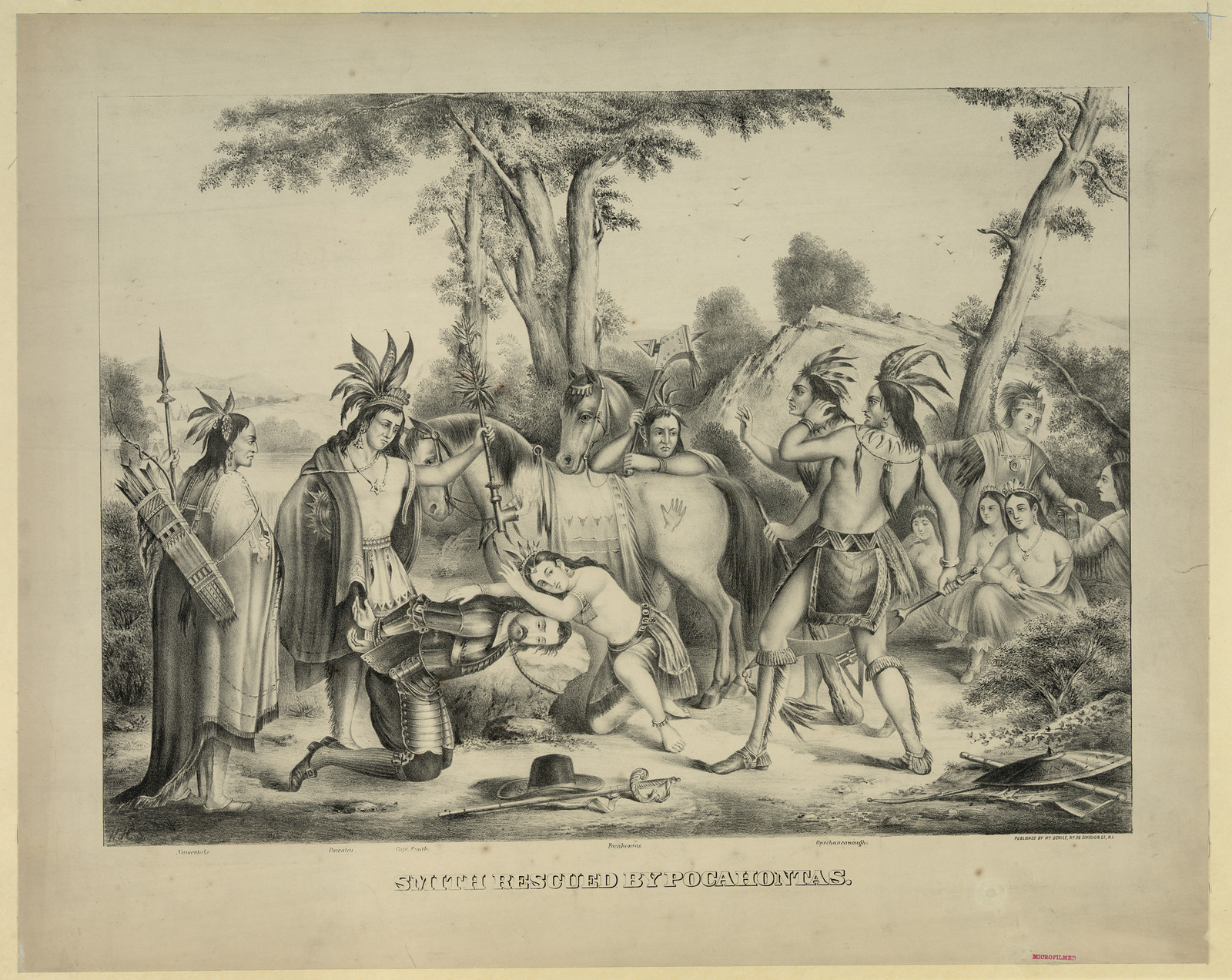 Smith Rescued by Pocahontas, lithograph print — antique lithograph