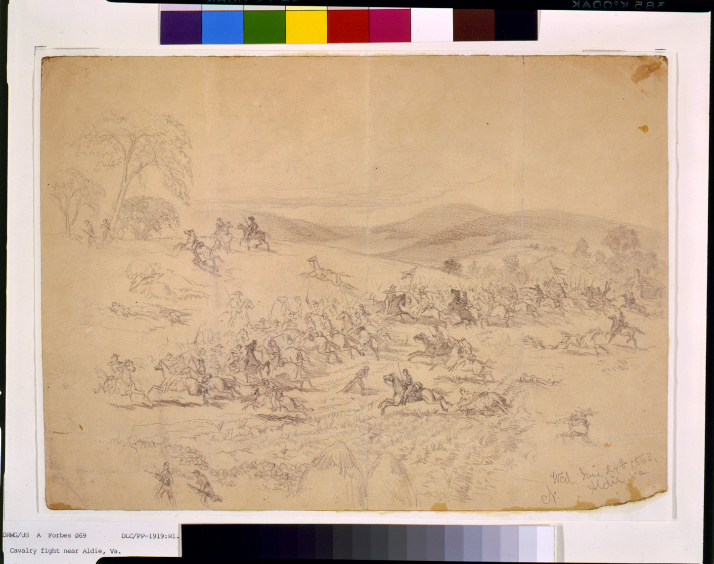 Cavalry fight near Aldie, Va. During the march to Gettysburg; the Union Cavalry; commanded by Gen. Pleasonton, the Confederate by J.E.B. Stuart, 1863 June 24. — historic drawing