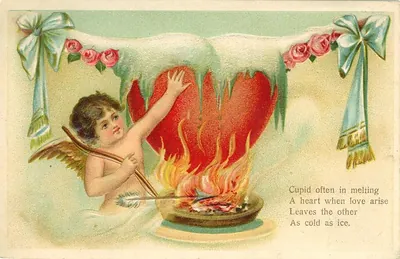 Cupid melting a heart Valentine postcard with verse