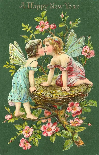 Two fairy children kissing on a nest, A Happy New Year greeting