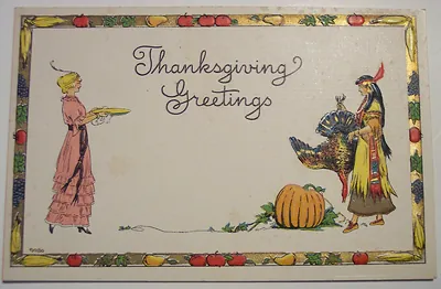 Thanksgiving Greetings postcard with turkey, pumpkin and figures