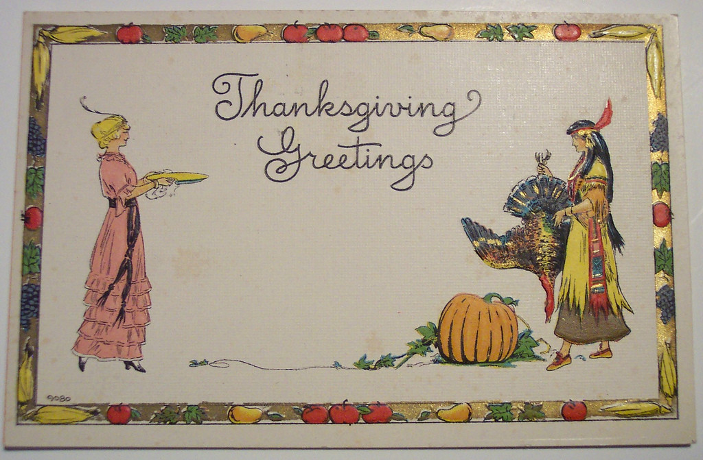 Thanksgiving Greetings postcard with turkey, pumpkin and figures — vintage postcard