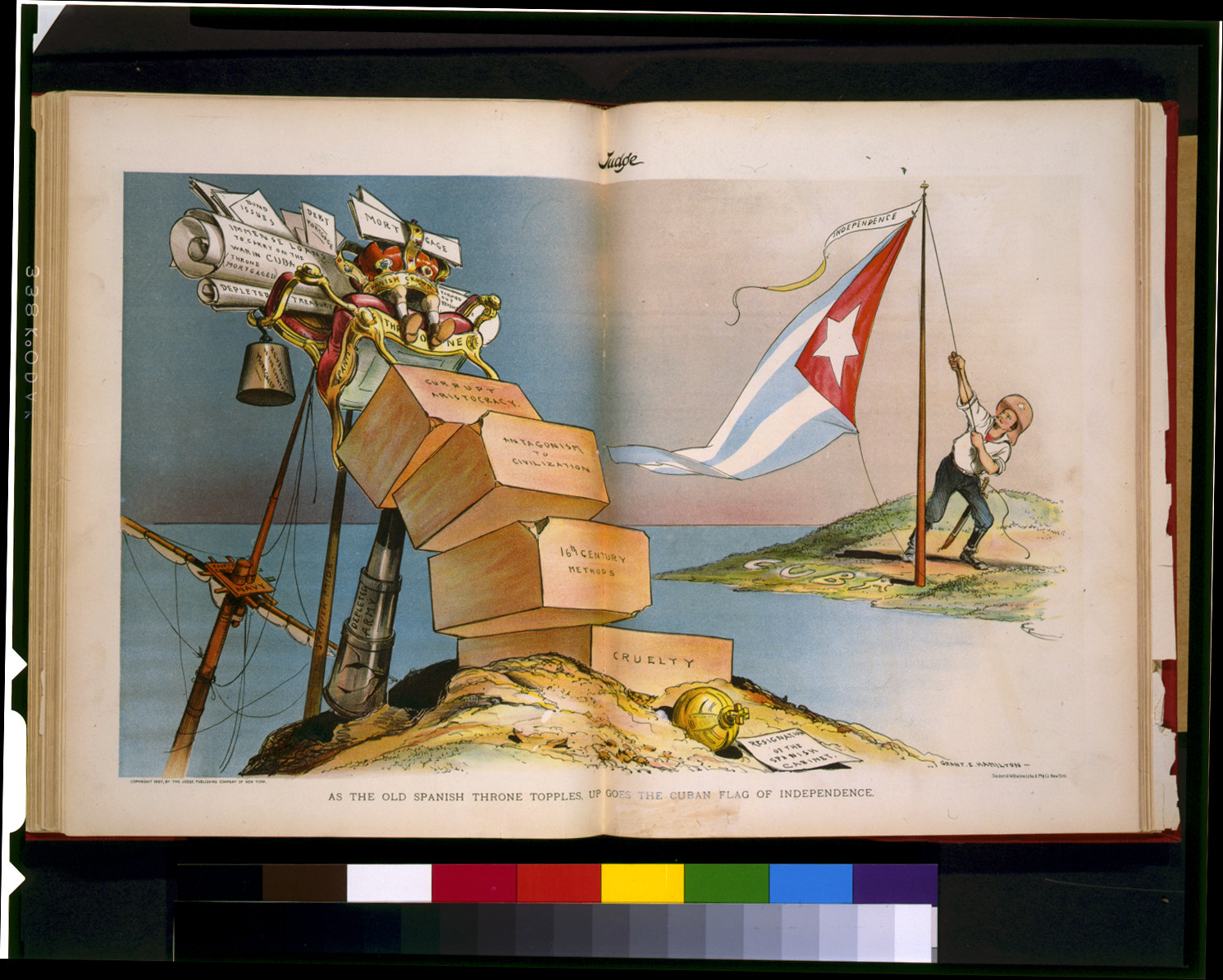As the old Spanish throne topples, up goes the Cuban flag of independence / Grant E. Hamilton ; Sackett & Wilhelms Litho. & Ptg. Co., New York., [published 1897 October 23] — antique lithograph