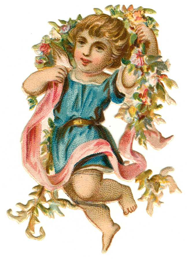 Victorian die-cut scrap of a child with flower garland and pink ribbon — historic image