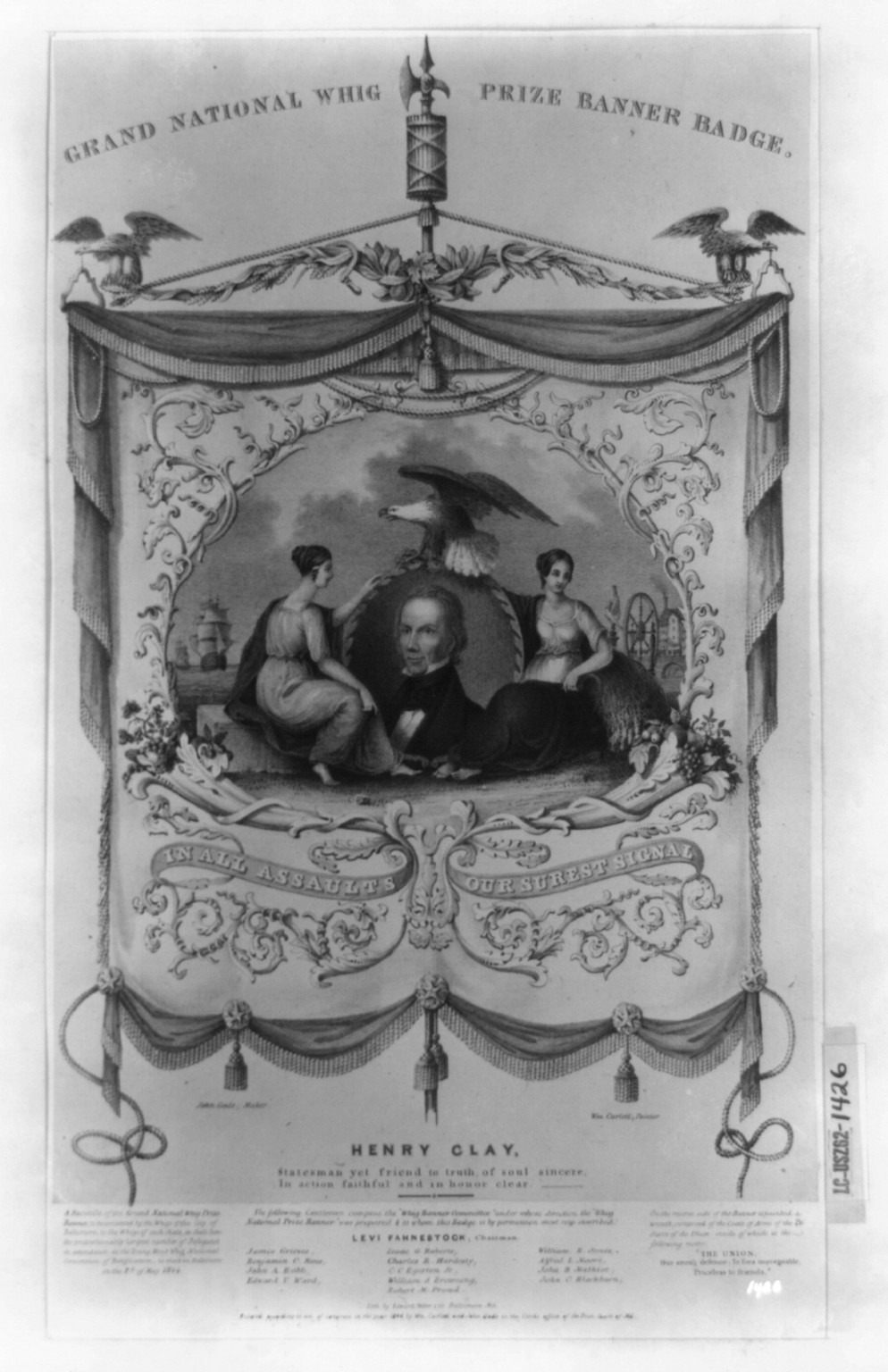 Grand National Whig prize banner badge / lith. by Edward Weber & Co., Baltimore, Md., [Baltimore? : s.n.], c1844. — antique lithograph