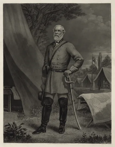 Engraved portrait of a standing Confederate general with sword