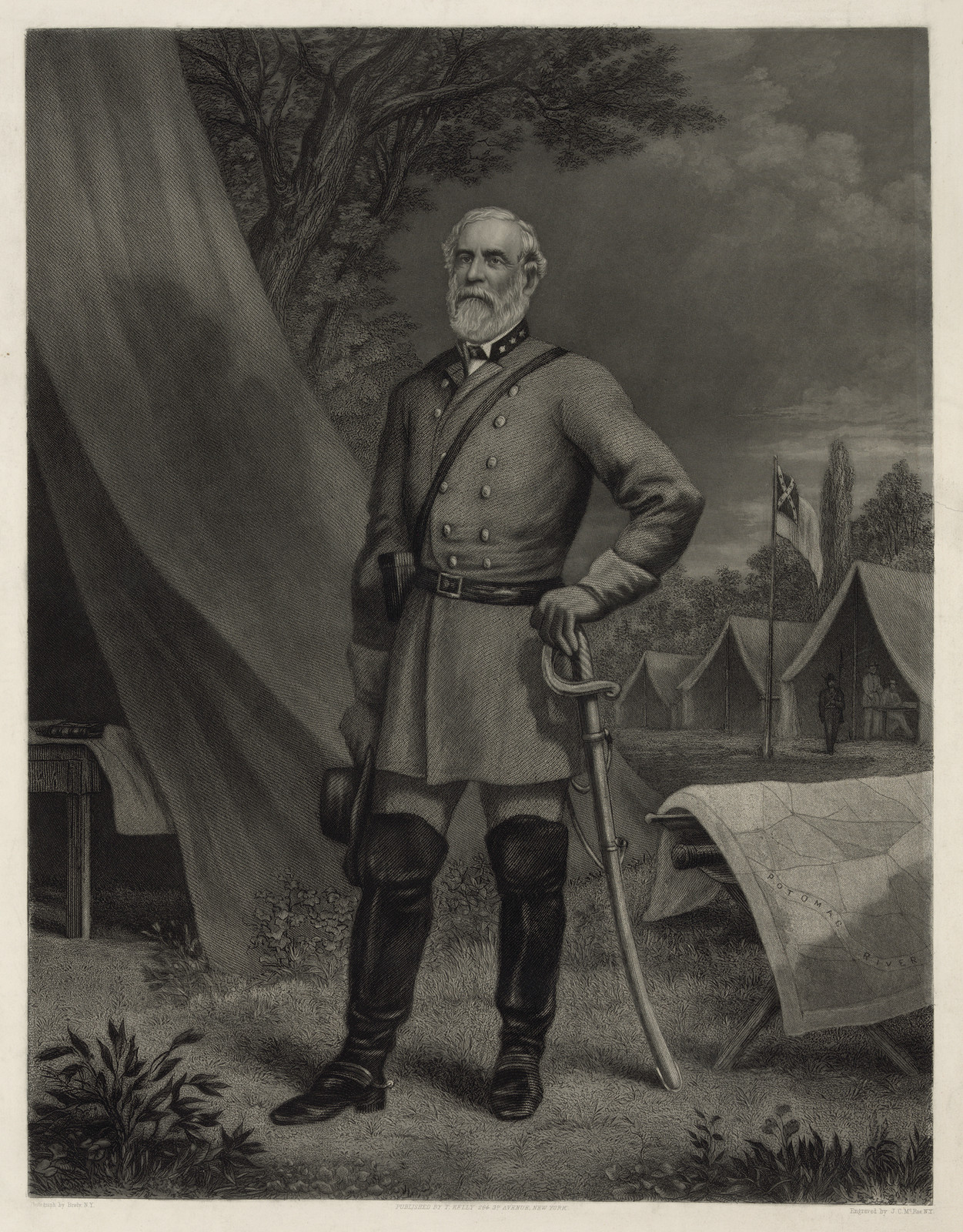 Engraved portrait of a standing Confederate general with sword — historic image