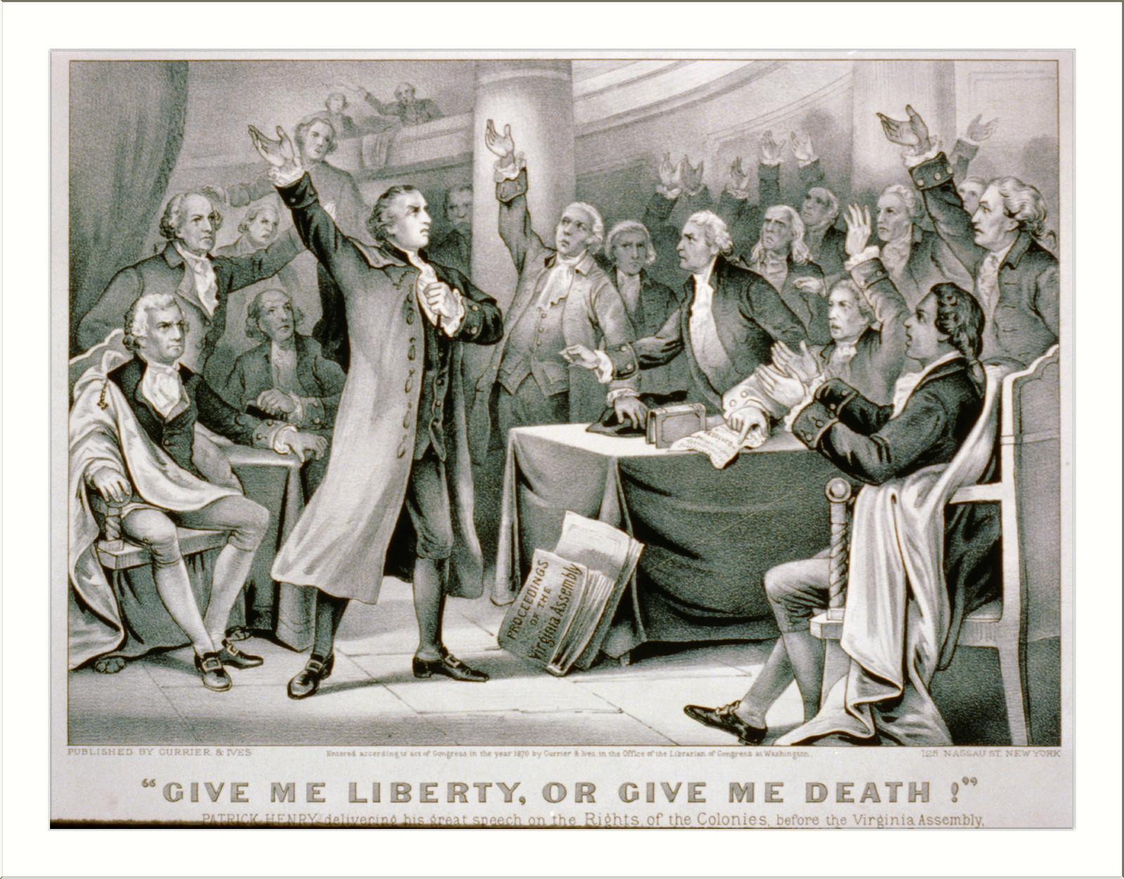 Give me liberty before the Virginia Assembly convened at Richmond, which became the war cry of the revolution." — historic image