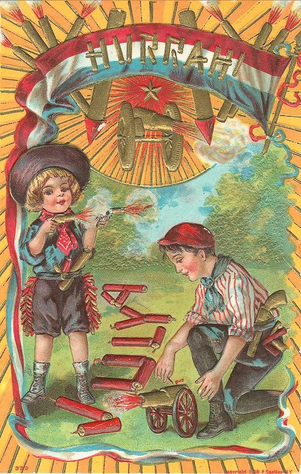 Hurrah, children with firecrackers and cannon, patriotic postcard — vintage postcard