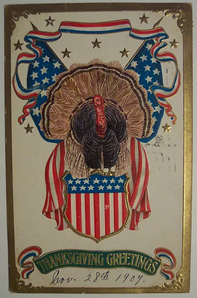 Thanksgiving Greetings postcard with turkey and flags, dated Nov 28 1904