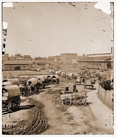 Atlanta Georgia. Federal army wagons railroad depot